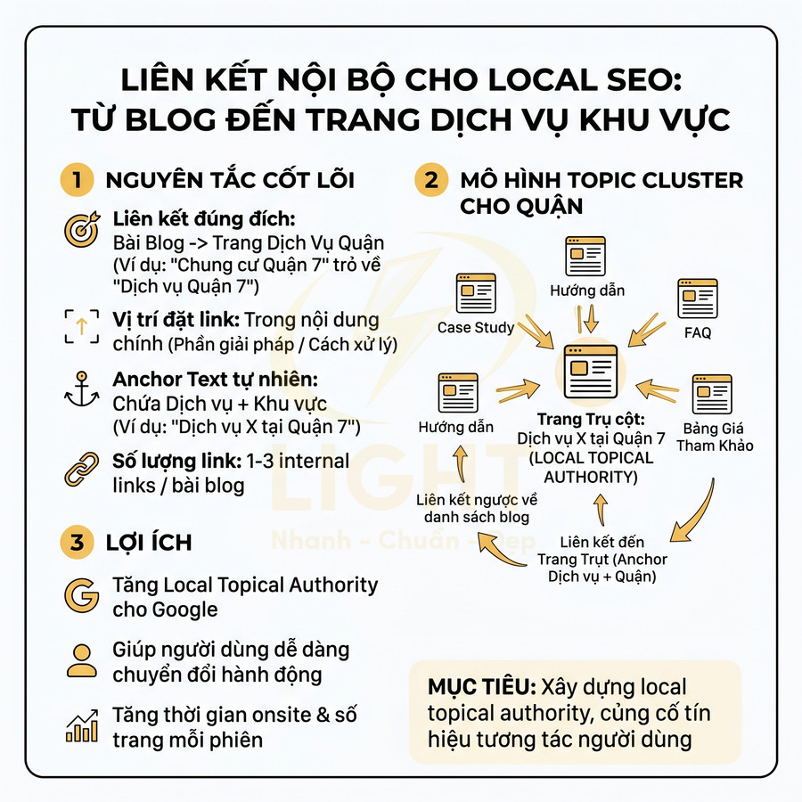Hướng dẫn liên kết nội bộ cho local SEO từ blog đến trang dịch vụ khu vực bằng mô hình topic cluster