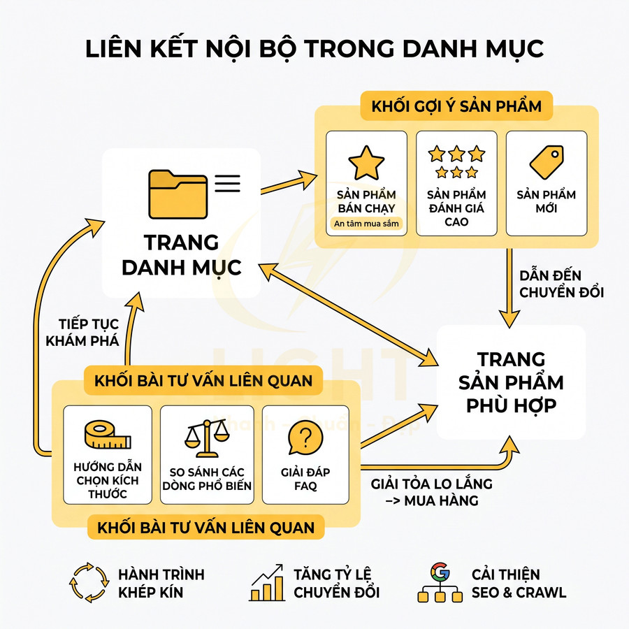 Sơ đồ liên kết nội bộ trong trang danh mục sản phẩm giúp dẫn người dùng tới trang sản phẩm phù hợp