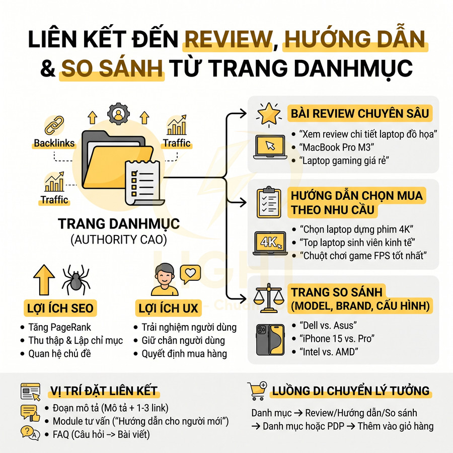 Infographic chiến lược liên kết từ trang danh mục đến bài review, hướng dẫn mua hàng và trang so sánh sản phẩm
