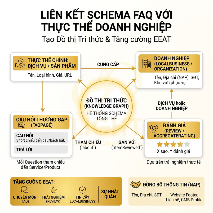 Sơ đồ liên kết schema FAQ với thực thể doanh nghiệp để tạo đồ thị tri thức và tăng EEAT cho website