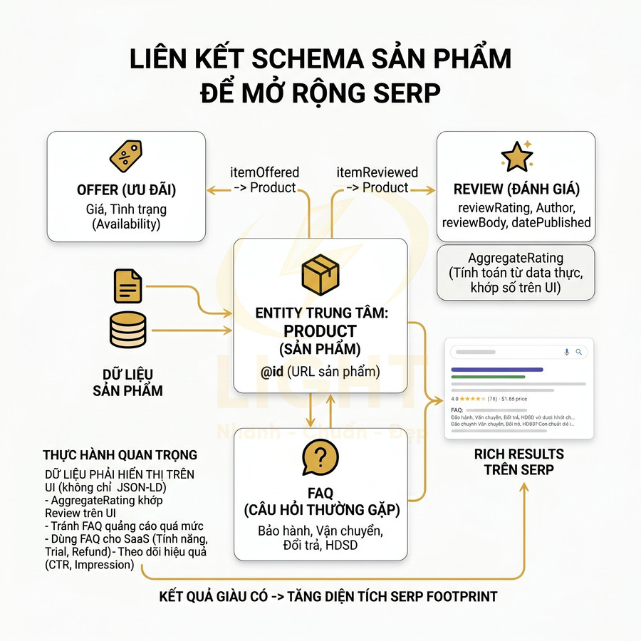 Sơ đồ liên kết schema sản phẩm với offer, review, FAQ và dữ liệu sản phẩm để mở rộng rich results trên SERP