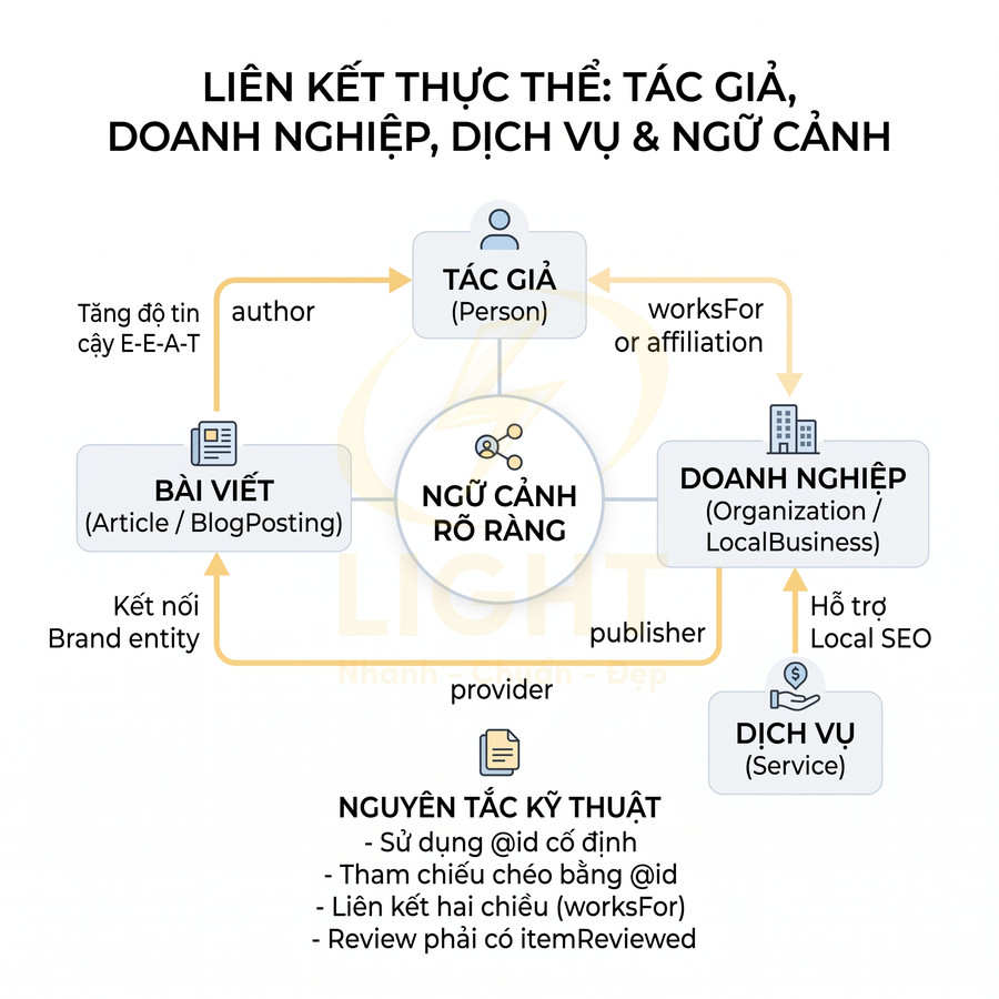 Sơ đồ liên kết thực thể trong SEO giữa tác giả doanh nghiệp dịch vụ bài viết và ngữ cảnh rõ ràng
