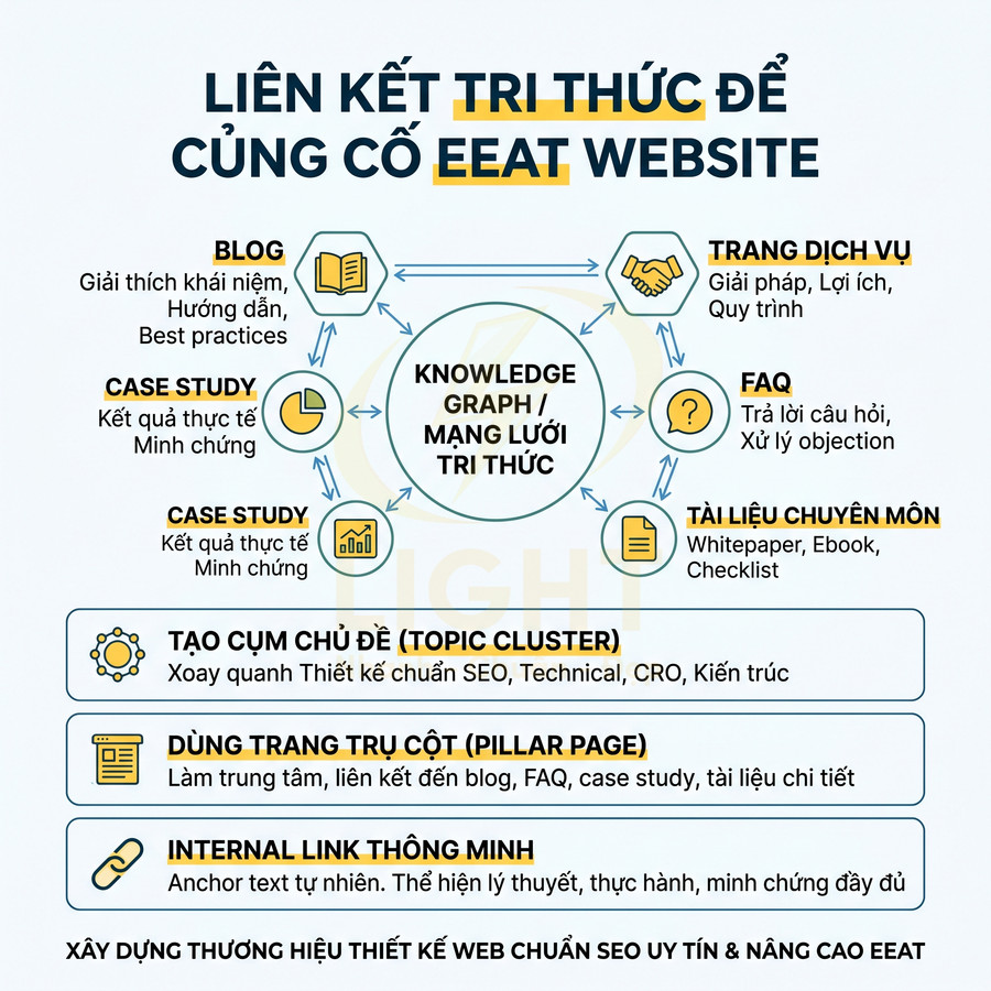 Mô hình liên kết tri thức EEAT website với blog, case study, dịch vụ, FAQ, tài liệu chuyên môn và chiến lược internal link
