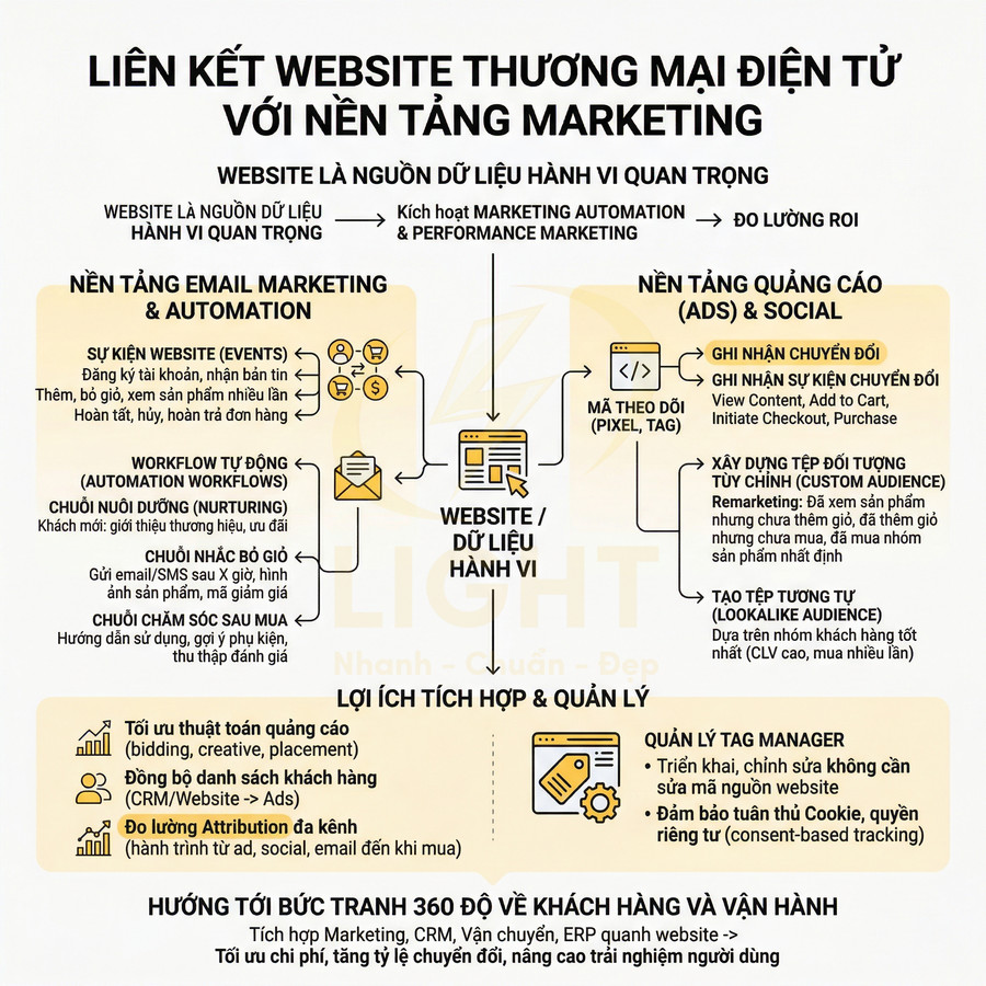 Sơ đồ liên kết website thương mại điện tử với nền tảng marketing, email automation và quảng cáo social