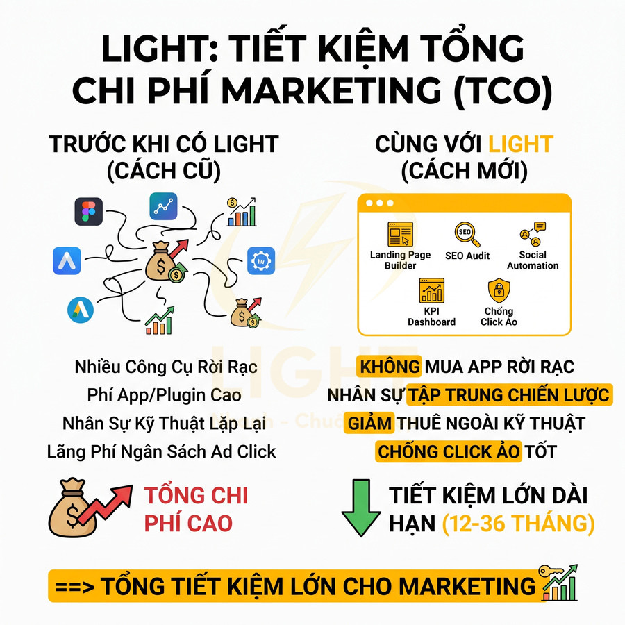 Infographic so sánh giải pháp marketing LIGHT với cách cũ, nhấn mạnh tiết kiệm tổng chi phí TCO dài hạn
