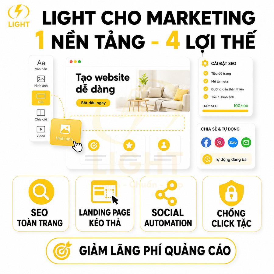 Nền tảng Light tạo website dễ dàng với SEO toàn trang, landing page kéo thả, social automation và chống click tặc