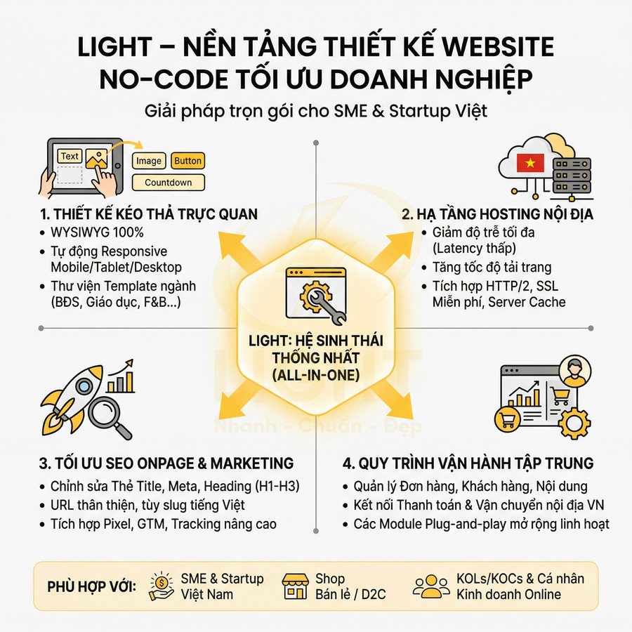 Nền tảng thiết kế website no code Light cho SME và startup Việt với kéo thả, hosting nội địa, SEO và quản lý vận hành