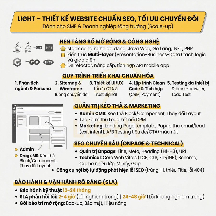 Gói dịch vụ thiết kế website chuẩn SEO Light cho SME với quy trình triển khai, quản trị kéo thả và bảo hành SLA