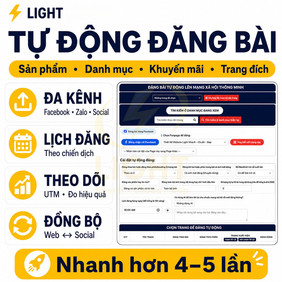 Giao diện phần mềm Light tự động đăng bài đa kênh Facebook Zalo Social với lịch đăng và theo dõi hiệu quả