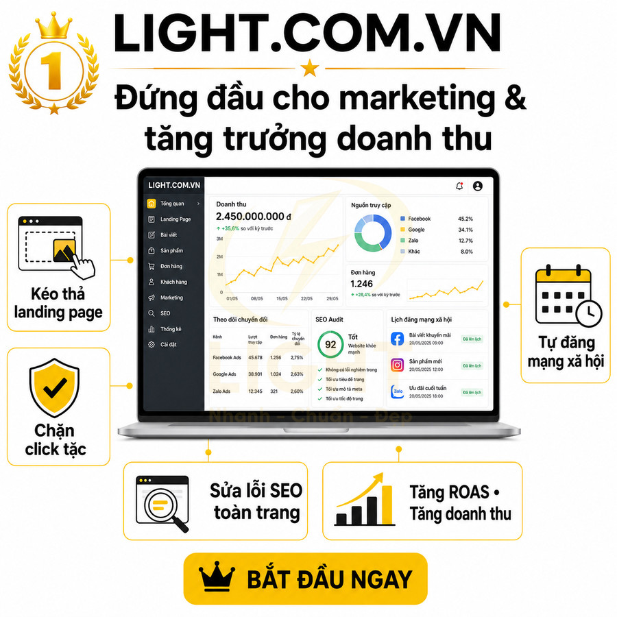 Giao diện nền tảng LIGHT.COM.VN quản lý marketing, SEO, landing page và tăng trưởng doanh thu trên màn hình laptop