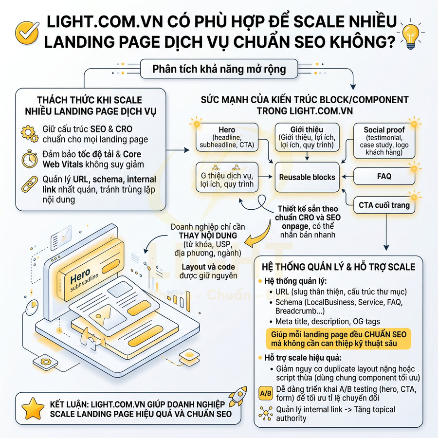 Infographic giới thiệu nền tảng LIGHT.COM.VN giúp doanh nghiệp scale nhiều landing page dịch vụ chuẩn SEO