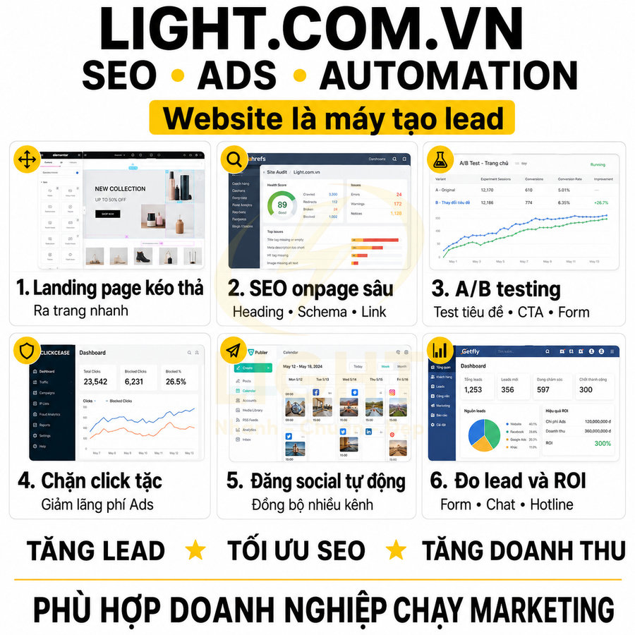 Giải pháp LIGHT.COM.VN tối ưu website, SEO, quảng cáo và automation giúp doanh nghiệp tăng lead và doanh thu