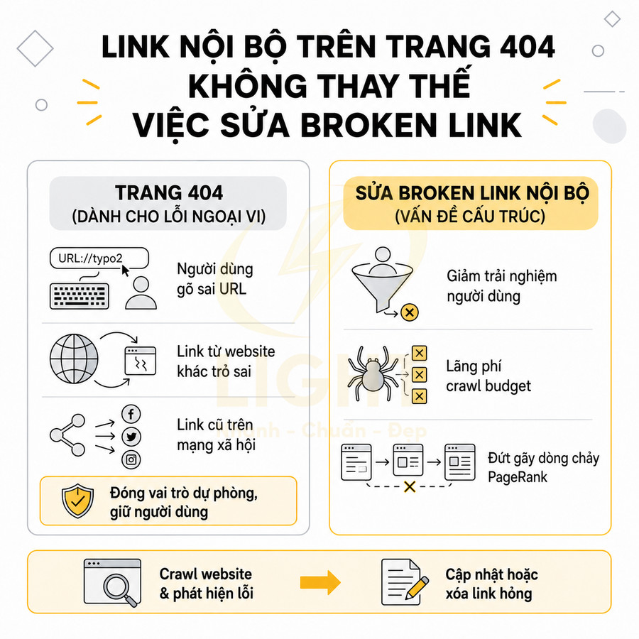 Infographic giải thích vì sao link nội bộ trên trang 404 không thay thế việc sửa broken link trong SEO website