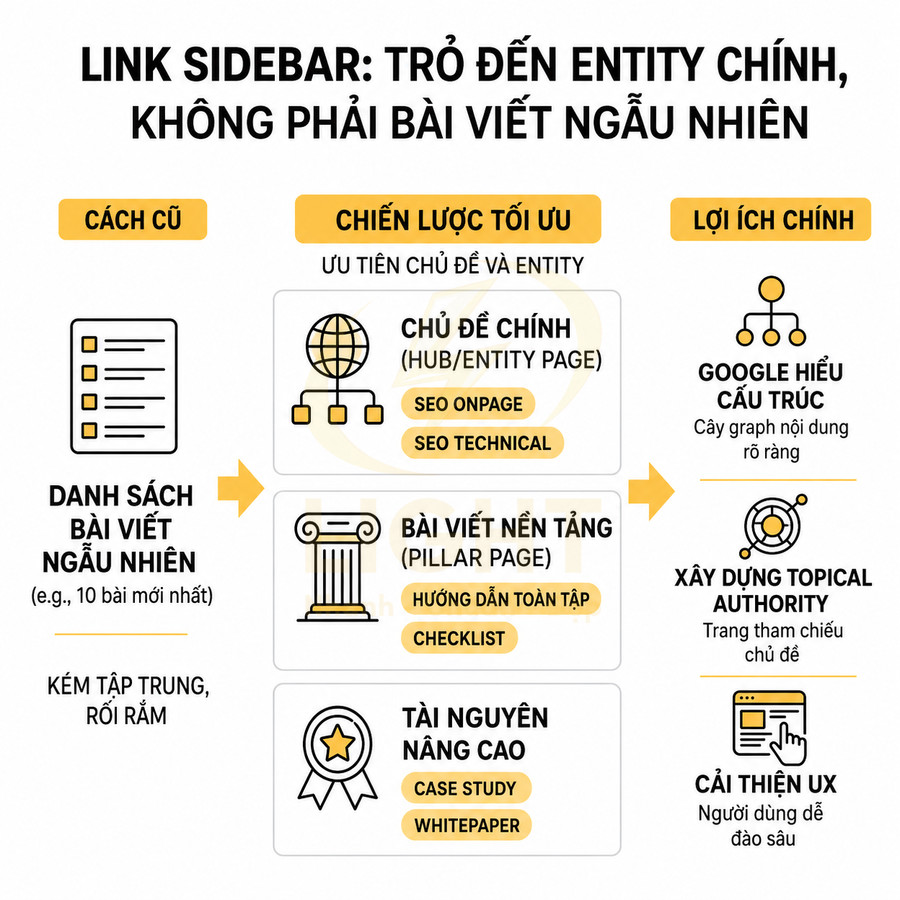 Infographic chiến lược tối ưu link sidebar trỏ đến entity chính trong SEO, so sánh cách cũ và lợi ích cải thiện cấu trúc nội dung