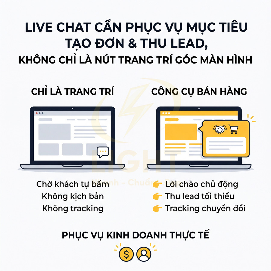 So sánh live chat chỉ trang trí và live chat như công cụ bán hàng với lời chào, thu lead, tracking chuyển đổi