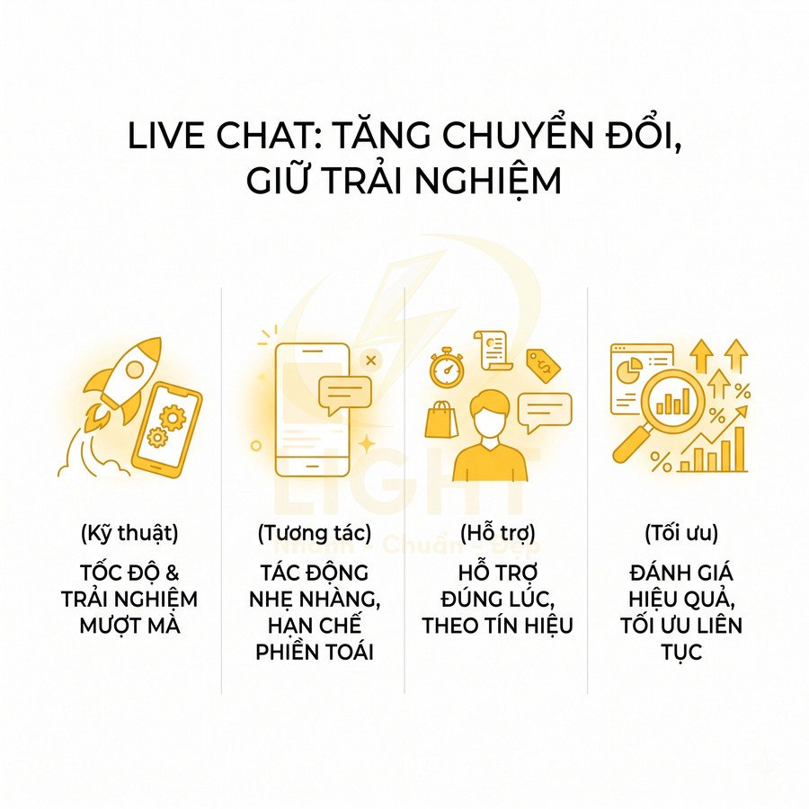 Infographic lợi ích live chat: tăng chuyển đổi, trải nghiệm mượt, hỗ trợ đúng lúc và tối ưu hiệu quả liên tục