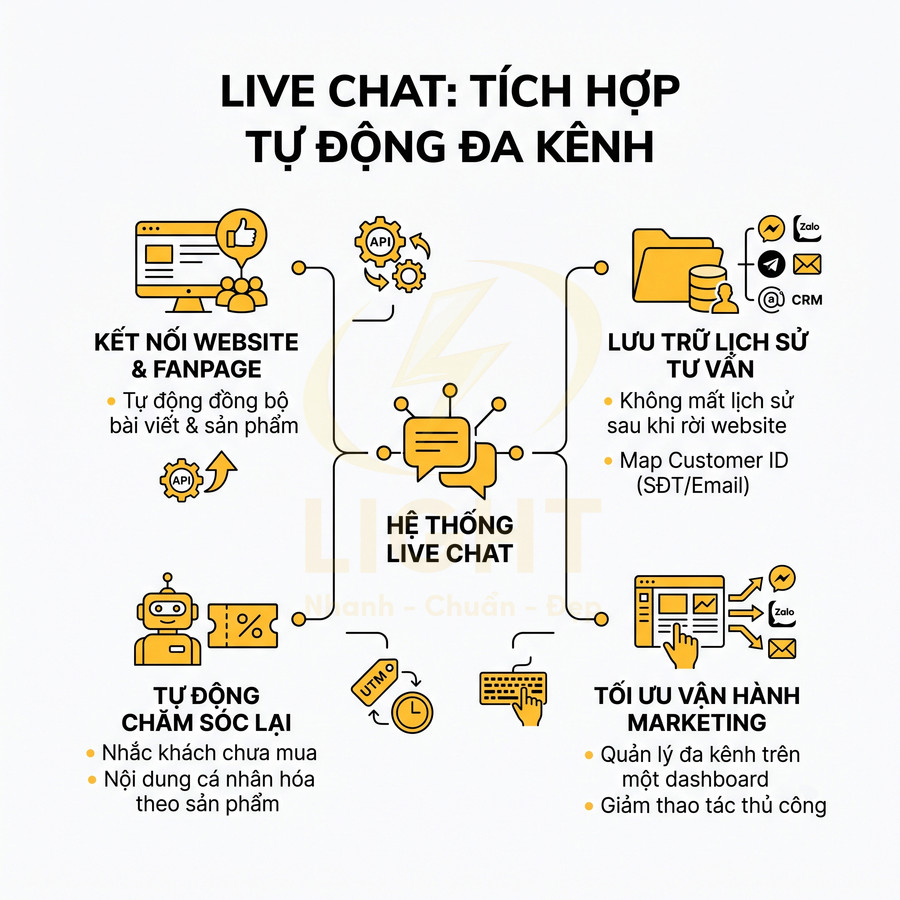 Mô tả hệ thống live chat tích hợp đa kênh cho website, fanpage, lưu trữ lịch sử tư vấn và tối ưu marketing