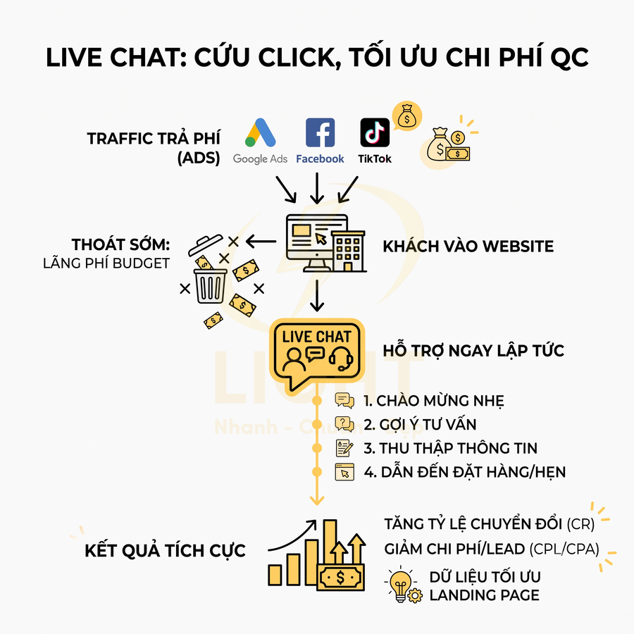 Mô hình live chat trên website giúp tối ưu chi phí quảng cáo và tăng tỉ lệ chuyển đổi khách hàng