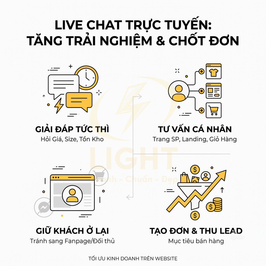 Infographic lợi ích live chat trực tuyến: giải đáp tức thì, tư vấn cá nhân, giữ khách ở lại, tạo đơn và thu lead trên website