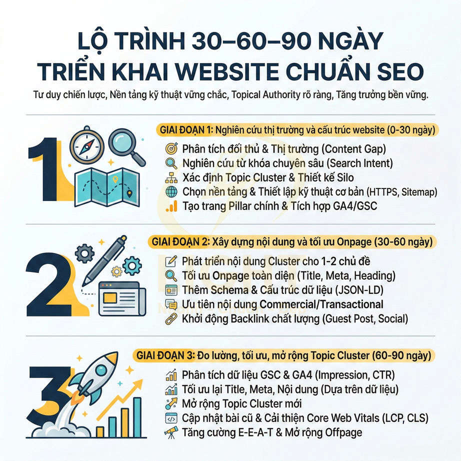 Lộ trình 30 60 90 ngày triển khai website chuẩn SEO với 3 giai đoạn tối ưu nội dung và kỹ thuật