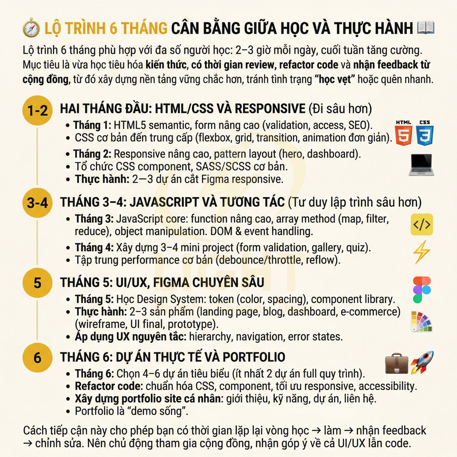 Lộ trình học front end 6 tháng từ HTML CSS responsive đến JavaScript UI UX Figma và làm dự án portfolio