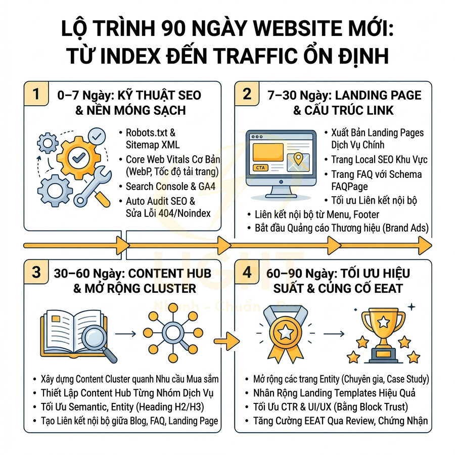 Lộ trình 90 ngày SEO cho website mới từ kỹ thuật, xây dựng content hub đến tối ưu hiệu suất và EEAT