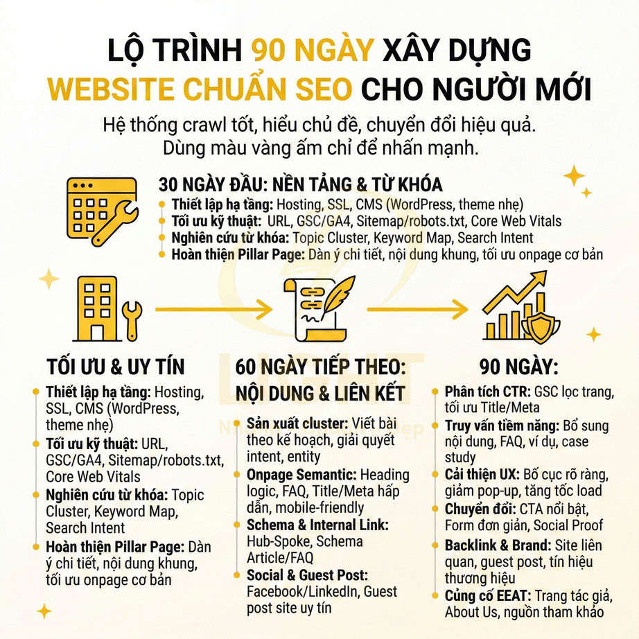 Lộ trình 90 ngày xây dựng website chuẩn SEO cho người mới với các bước nền tảng, nội dung, liên kết và tối ưu chuyển đổi