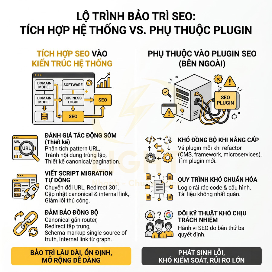 So sánh lộ trình bảo trì SEO tích hợp vào kiến trúc hệ thống với phụ thuộc plugin SEO bên ngoài