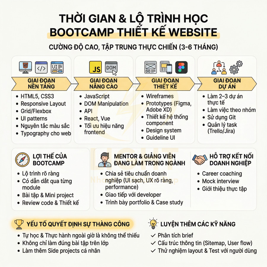 Infographic lộ trình học bootcamp thiết kế website 3 đến 6 tháng với các giai đoạn và kỹ năng chi tiết