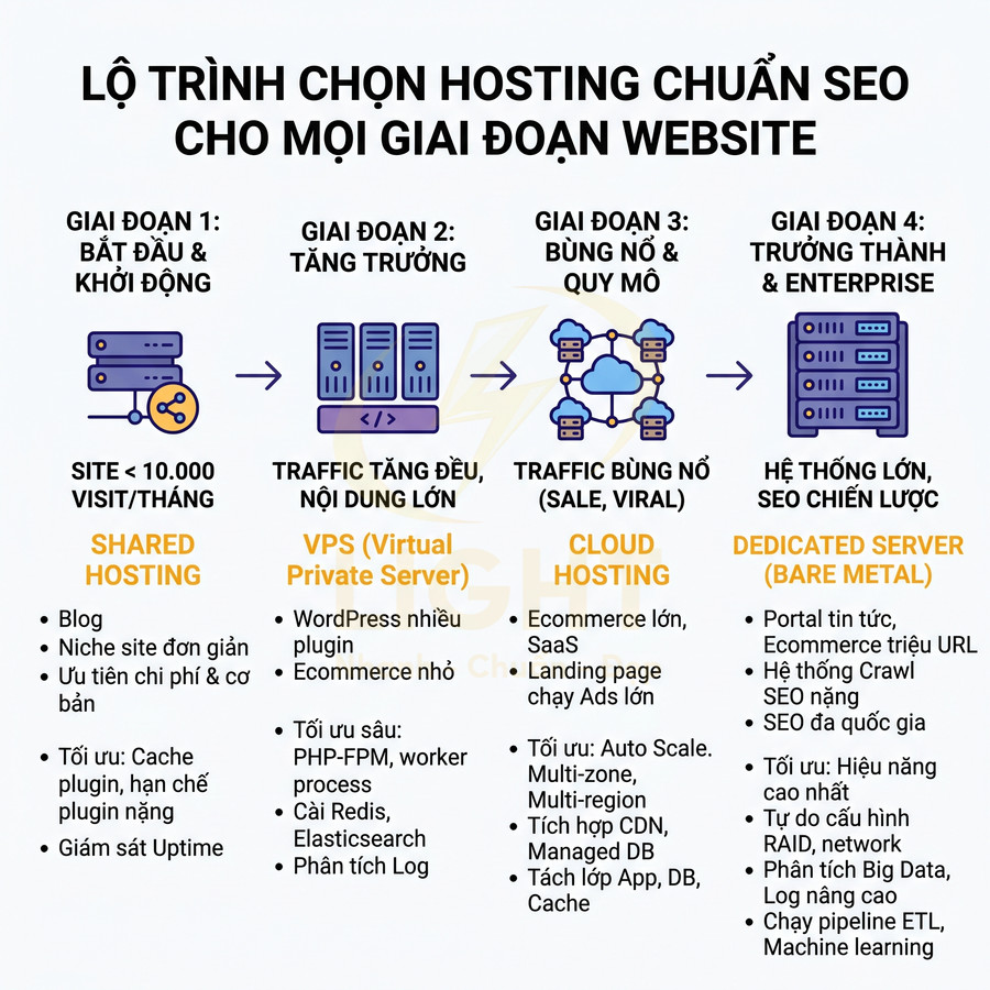 Lộ trình chọn hosting chuẩn SEO cho website từ shared hosting, VPS, cloud hosting đến dedicated server