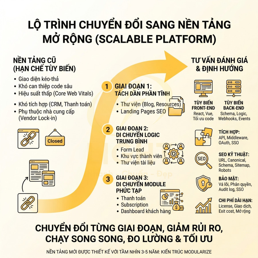 Lộ trình chuyển đổi sang nền tảng mở rộng với 3 giai đoạn, mô tả các bước tách front end, back end và tối ưu SEO