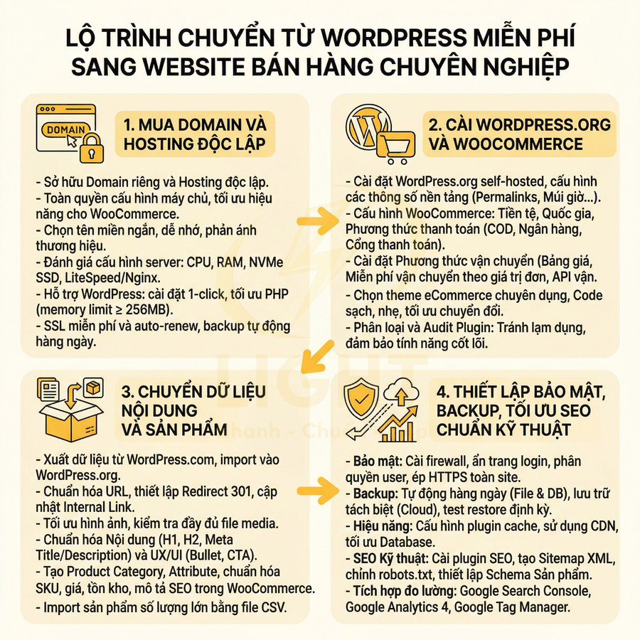 Lộ trình chuyển từ WordPress miễn phí sang website bán hàng chuyên nghiệp với domain riêng, hosting, WooCommerce và tối ưu SEO