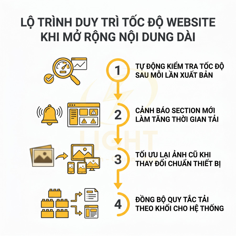 Lộ trình 4 bước duy trì tốc độ website khi mở rộng nội dung dài với kiểm tra và tối ưu tải trang
