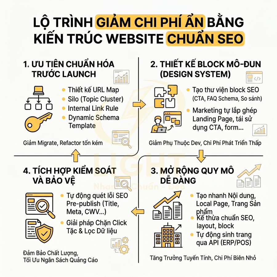 Lộ trình giảm chi phí ẩn bằng kiến trúc website chuẩn SEO với 4 bước tối ưu và mở rộng quy mô