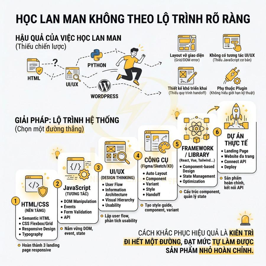 Infographic lộ trình học front end từ HTML CSS, JavaScript, UI UX đến framework và dự án thực tế