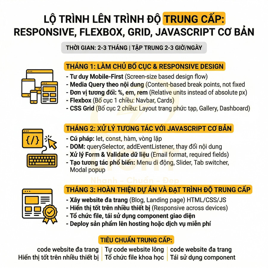 Lộ trình học lập trình front end trung cấp với responsive, flexbox, grid và JavaScript cơ bản trong 3 tháng