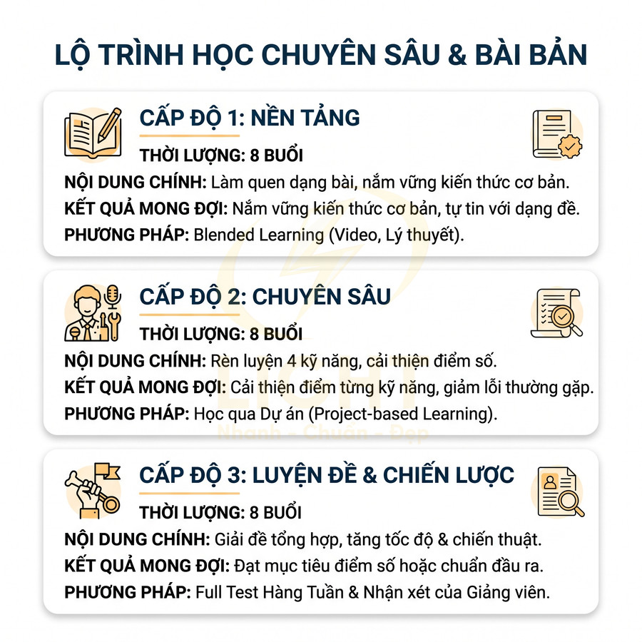 Lộ trình khóa học tiếng Anh 3 cấp độ nền tảng, chuyên sâu, luyện đề và chiến lược với thời lượng 8 buổi mỗi cấp