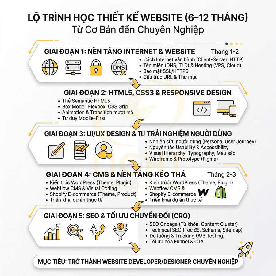 Lộ trình học thiết kế website từ cơ bản đến chuyên nghiệp trong 6–12 tháng với 6 giai đoạn chi tiết