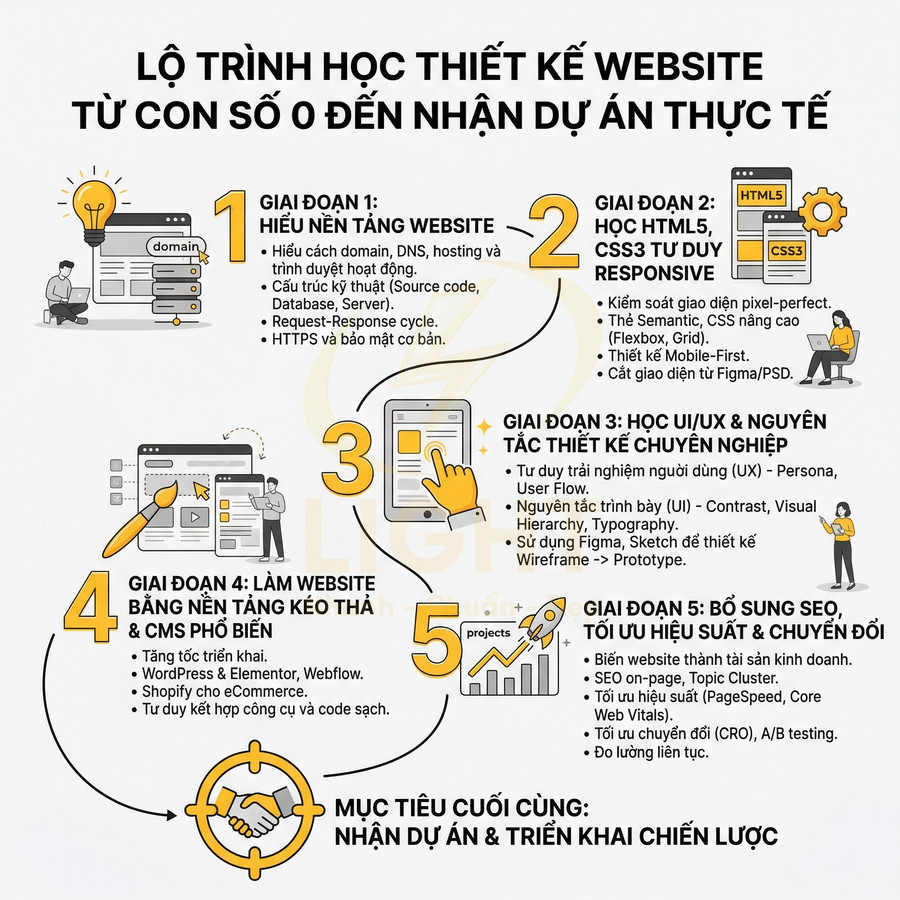 Lộ trình học thiết kế website từ cơ bản đến nhận dự án thực tế với 5 giai đoạn và mục tiêu rõ ràng