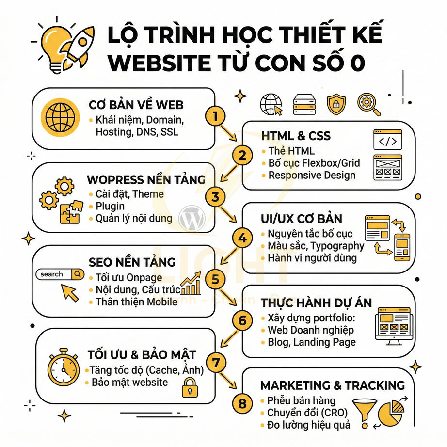 Lộ trình học thiết kế website từ con số 0 với 8 bước từ kiến thức web cơ bản đến marketing và tracking