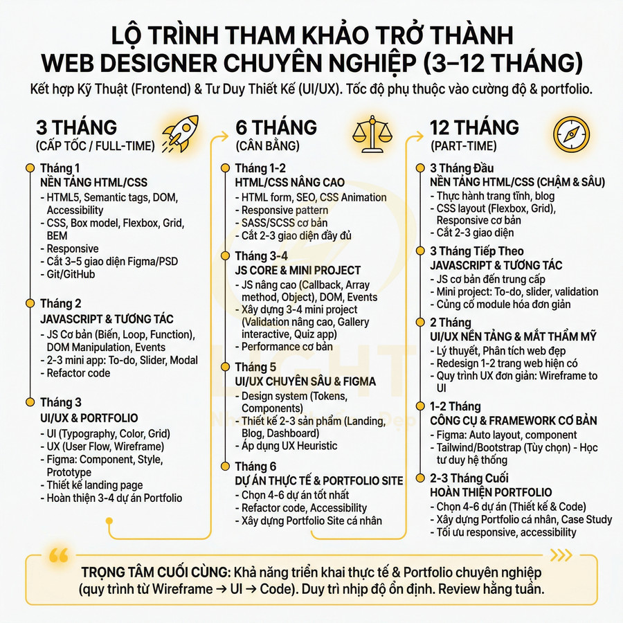 Lộ trình học 3 đến 12 tháng trở thành web designer chuyên nghiệp với HTML CSS JavaScript UI UX và portfolio