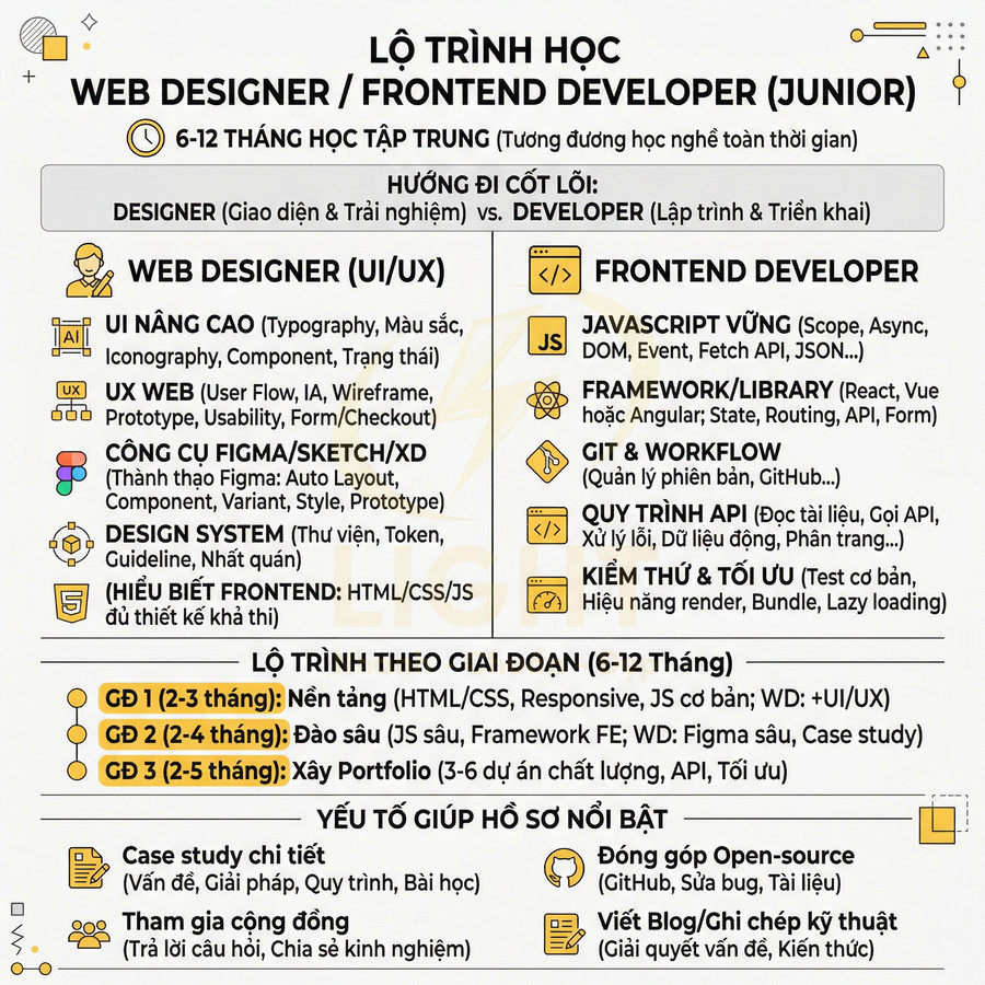 Lộ trình học Web Designer và Frontend Developer junior trong 6 đến 12 tháng với các kỹ năng UI UX và lập trình web