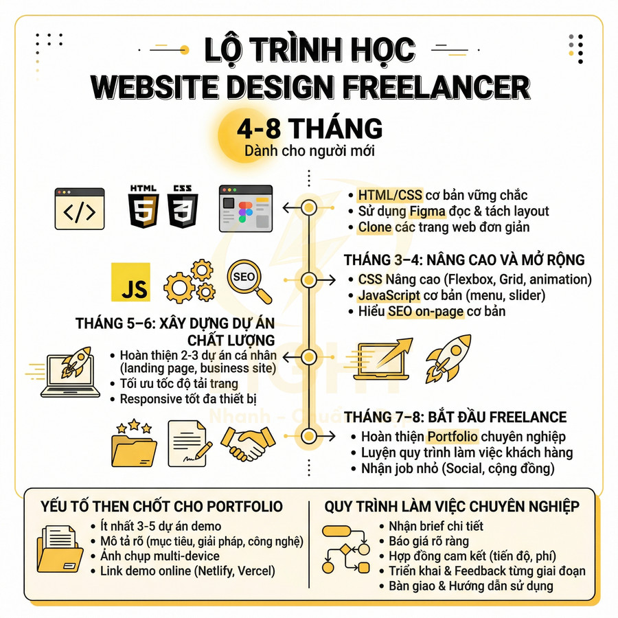 Lộ trình học website design freelancer 4–8 tháng cho người mới với HTML CSS Figma JavaScript SEO và xây dựng portfolio