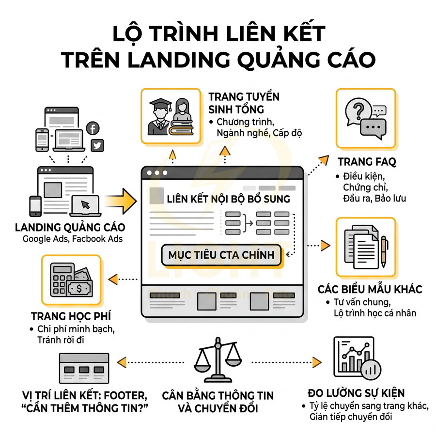 Sơ đồ lộ trình liên kết trên landing quảng cáo tuyển sinh với các trang học phí, FAQ và biểu mẫu hỗ trợ chuyển đổi