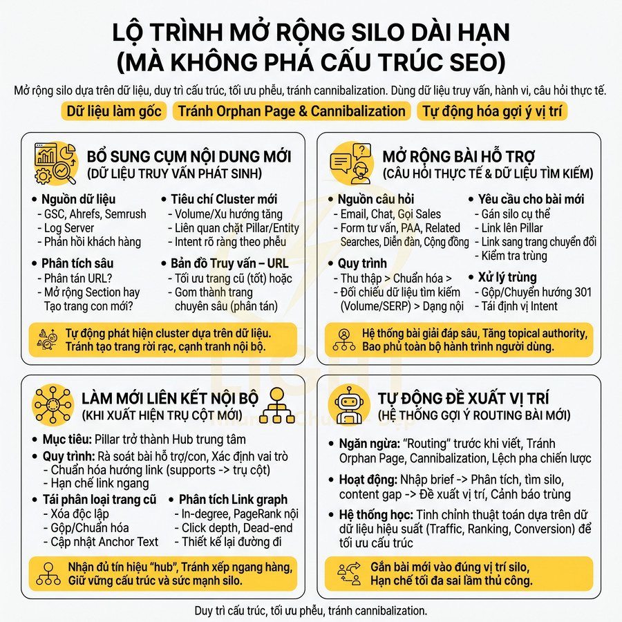 Lộ trình mở rộng silo SEO dài hạn với các bước bổ sung cụm nội dung, liên kết nội bộ và đề xuất vị trí bài viết