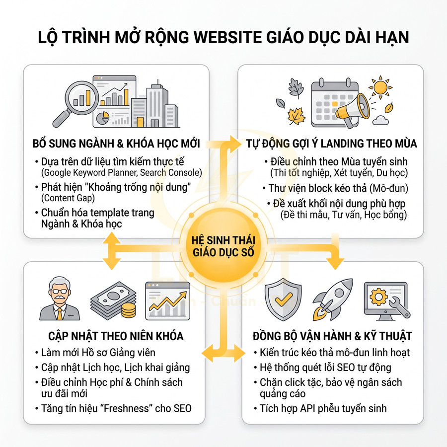 Lộ trình mở rộng website giáo dục dài hạn với hệ sinh thái giáo dục số và bốn nhóm giải pháp chính