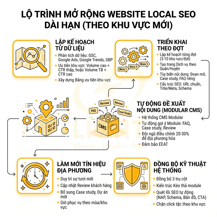 Lộ trình mở rộng website local SEO dài hạn theo khu vực mới với các bước và biểu tượng minh họa