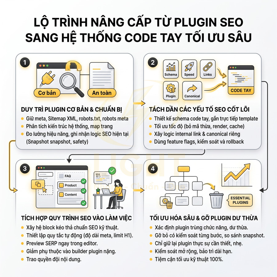 Lộ trình nâng cấp từ plugin SEO sang hệ thống code tay tối ưu sâu với 4 bước chi tiết