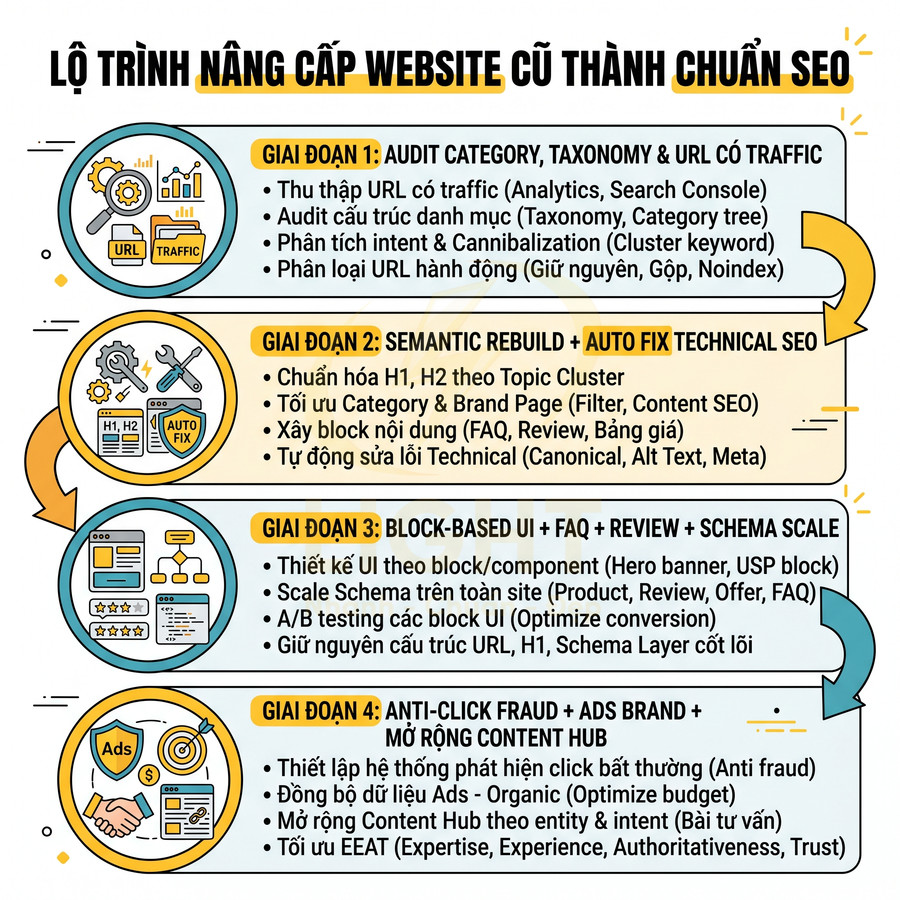 Lộ trình 4 giai đoạn nâng cấp website cũ thành chuẩn SEO với audit, tối ưu nội dung và mở rộng content hub