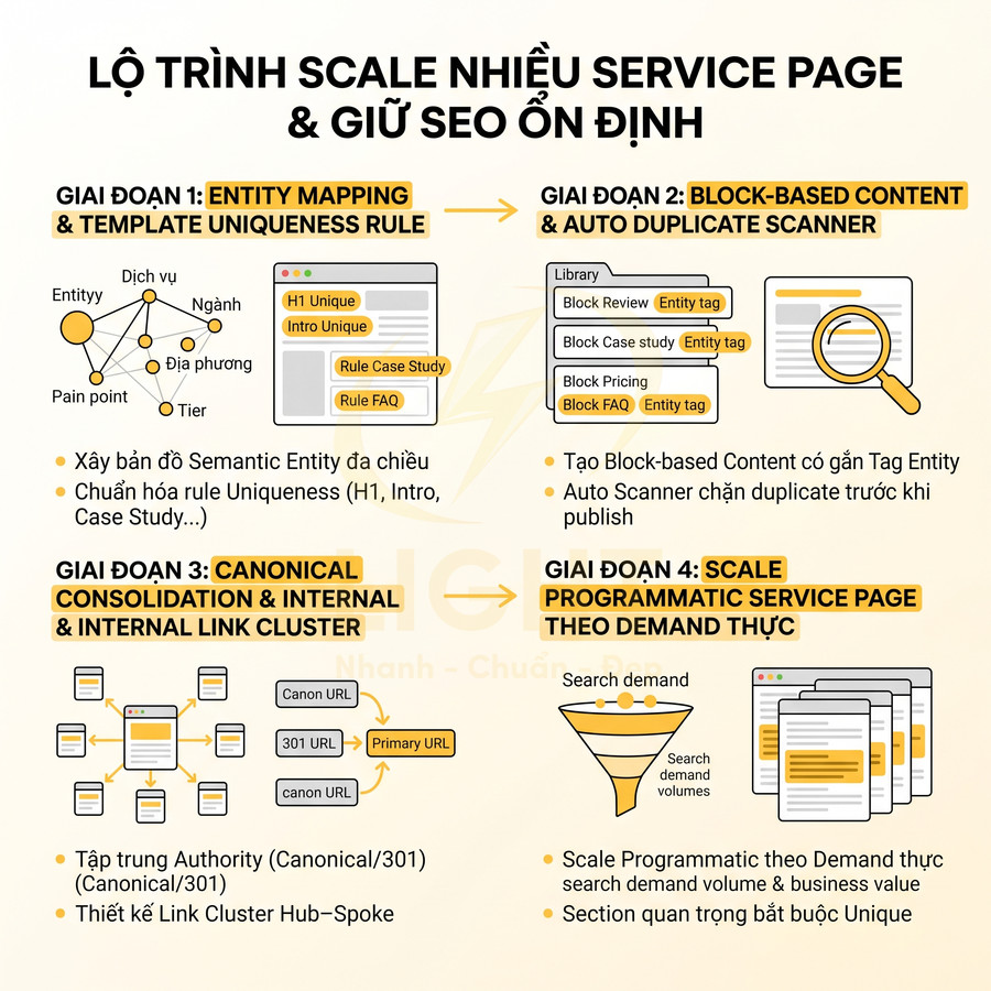 Quy trình scale nhiều service page và giữ SEO ổn định với 4 giai đoạn tối ưu nội dung và internal link